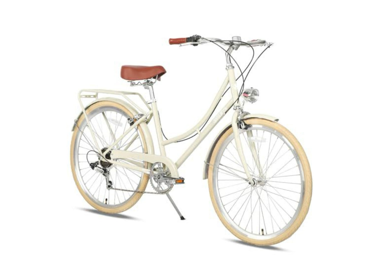 AVASTA Hybrid Bike for Women Female Lightweight Step Through 26 inch Hi-Ten Steel Frame City Commuter Comfort Lady Bicycle, 6-Speed, Color Beige with Beige Tires