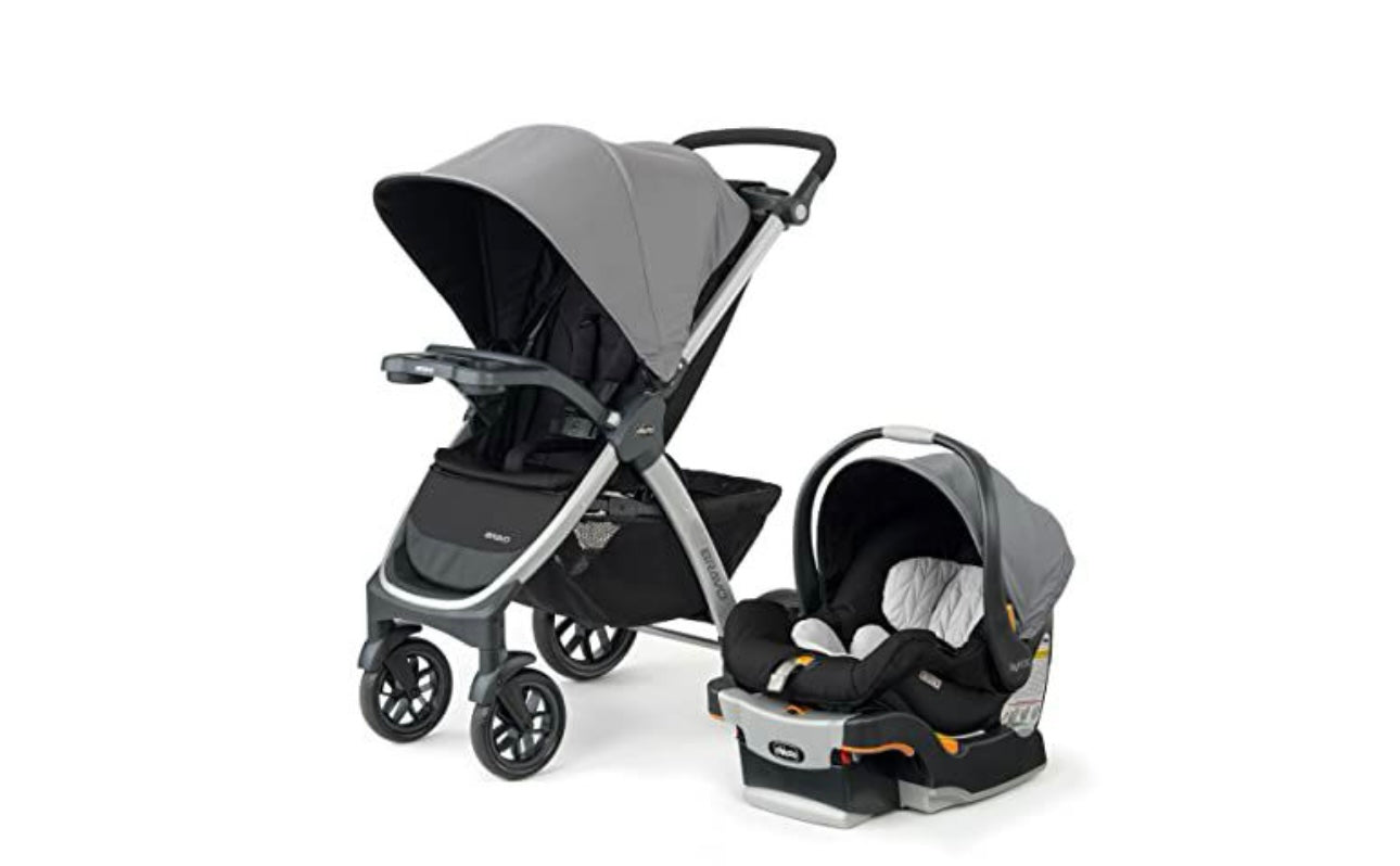 Chicco Bravo 3-in-1 Trio Travel System, Quick-Fold Stroller with KeyFit 30 Infant Car Seat and base | Camden/Black