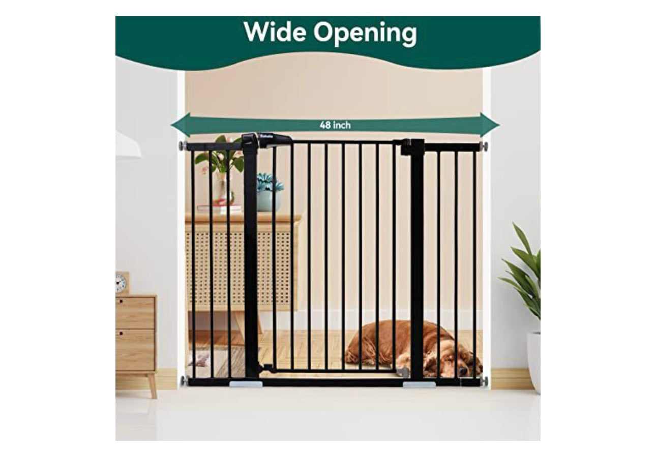 BABELIO 36 Inch Tall Metal Baby Gate, 29-48" Pressure Mounted Dog Gate for Stairs、Doorways & Hallway, Easy Walk Thru Pet Gate, Child Gate with 2*Y Spindle Rods,Black