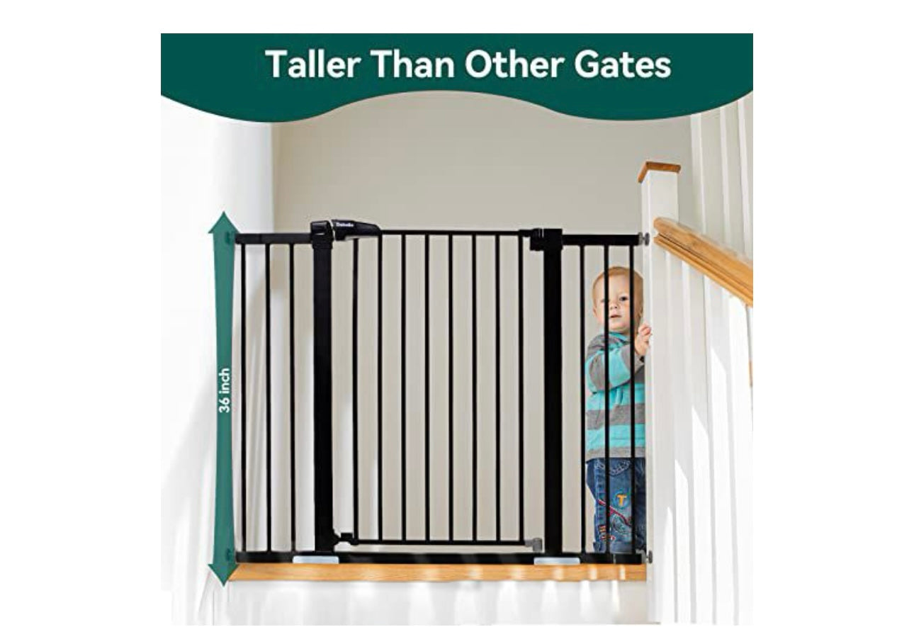 BABELIO 36 Inch Tall Metal Baby Gate, 29-48" Pressure Mounted Dog Gate for Stairs、Doorways & Hallway, Easy Walk Thru Pet Gate, Child Gate with 2*Y Spindle Rods,Black